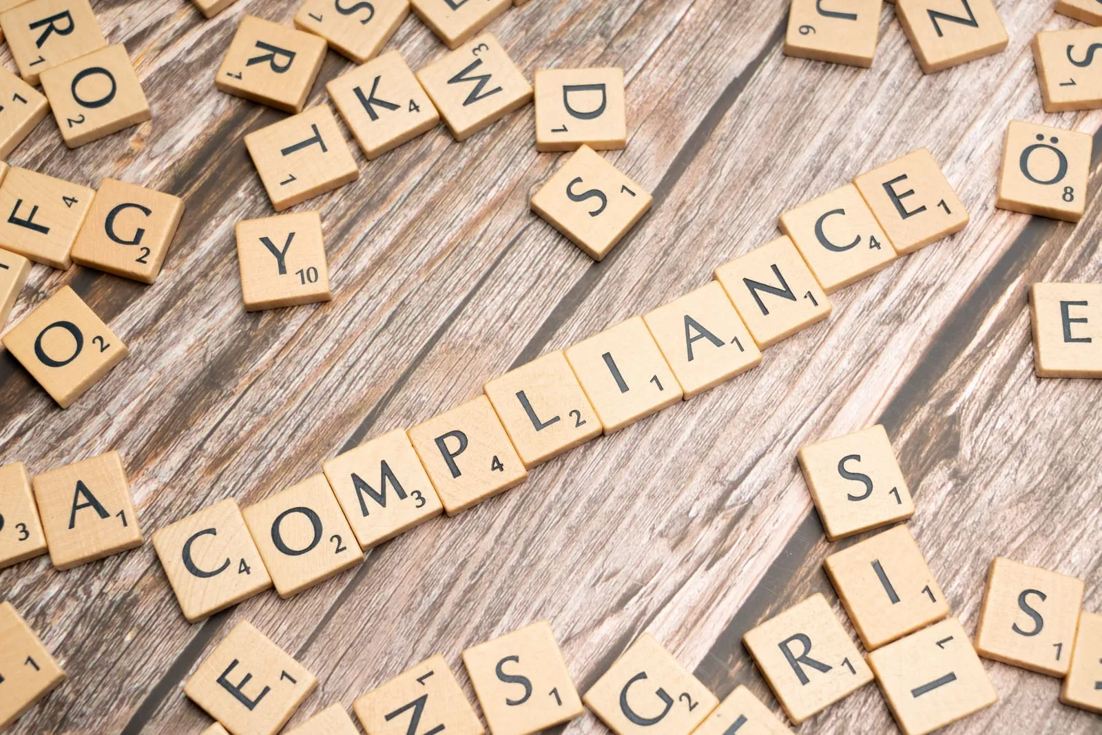拼字遊戲字母排出 COMPLIANCE 一字